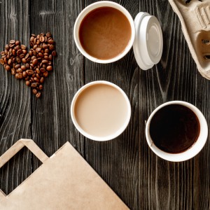 The display features cup filled with tea, coffee and a box of Pukka tea