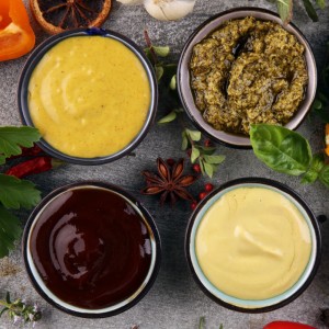 An Ambient food display that features wide range of sauces and dressing 