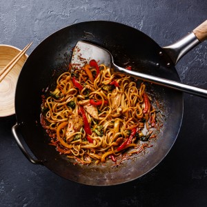 An Ambient Food Display that features types Noodles & Poppadoms