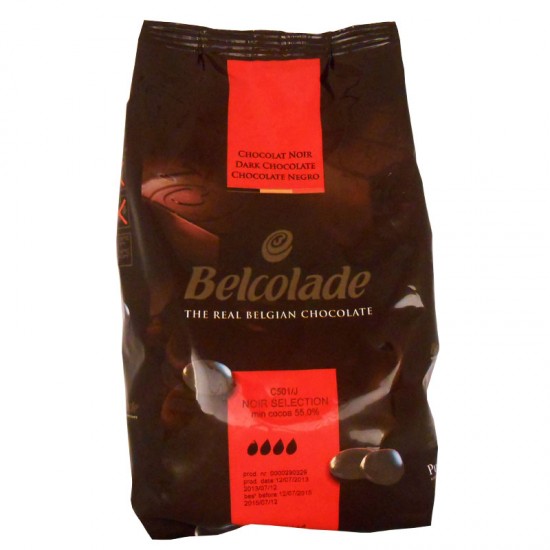 Black and Red Bag of Belcolade 55% Dark Choc Drops 1kg