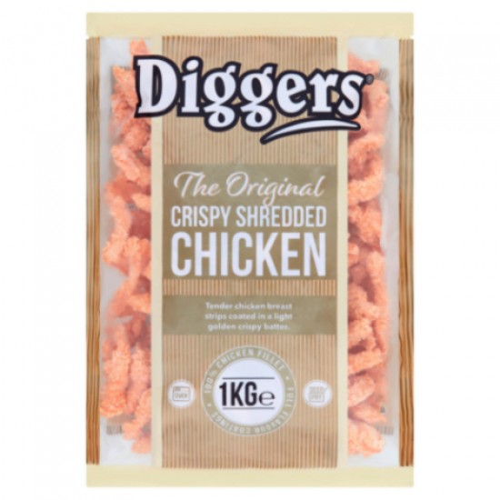 Diggers Shredded Chicken 5kg on a Blue Plate with Red Dipping Sauce