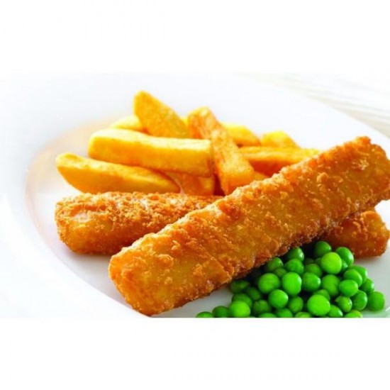 Youngs Jumbo Battered Fish Fingers 36 X 71g with peas and chips on a white plate