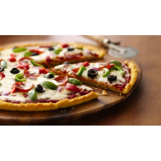 Gluten Free Pizza Base Seasoned 10'' X24 adding tomato sauce on top with ladle