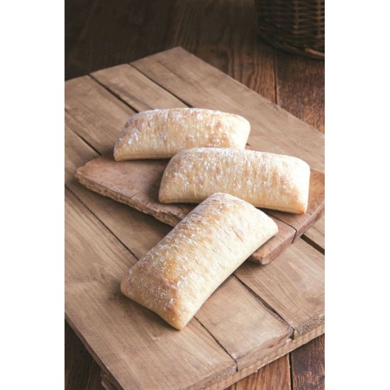 3 Ciabatta bread loaves on wooden board