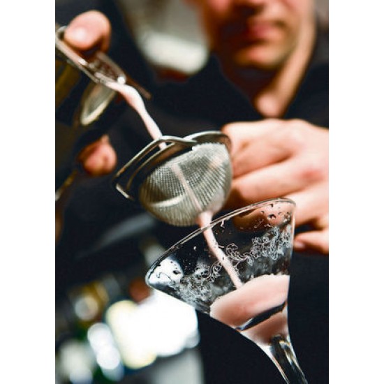 Stainless Steel Fine Mesh Bar Strainer Stainless Steel Fine Mesh Bar Strainer Above Cocktail Glass