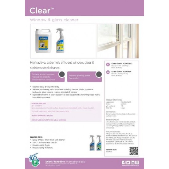 Evans Clear Glass & Window Cleaner 750ml Evans Clear Glass & Window Cleaner