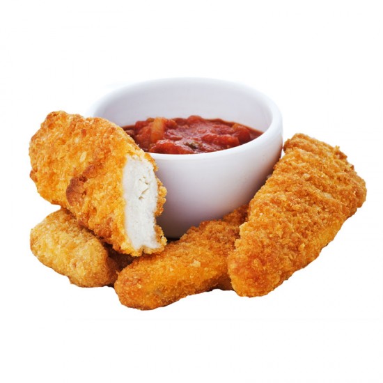 Golden Brown Plain Chicken Goujons with Dipping Sauce in the Middle