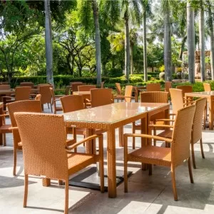 The display features outdoor furniture accessories for pubs and bar 