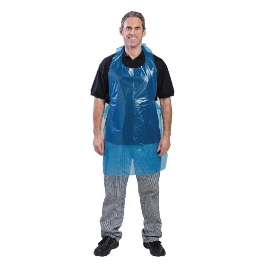 Man Wearing Disposable Blue Apron 