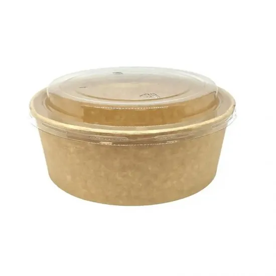 Brown Kraft 44oz Round Salad Bowl with a Plastic Lid