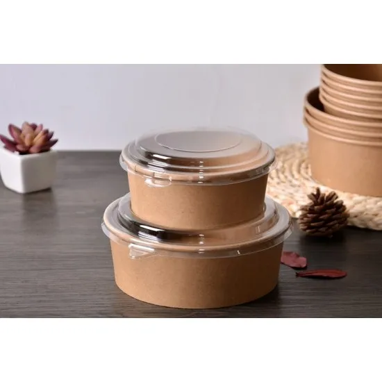Brown Kraft 44oz Round Salad Bowl with a Plastic Lid
