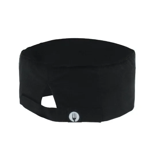 Black chef's beanie cap for kitchen staff.