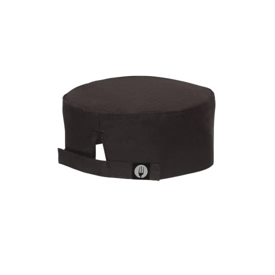 Black chef's beanie cap for kitchen staff.