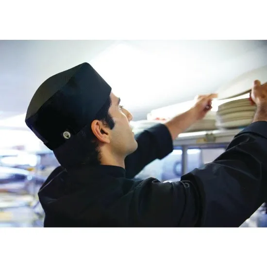 Black chef's beanie cap for kitchen staff.