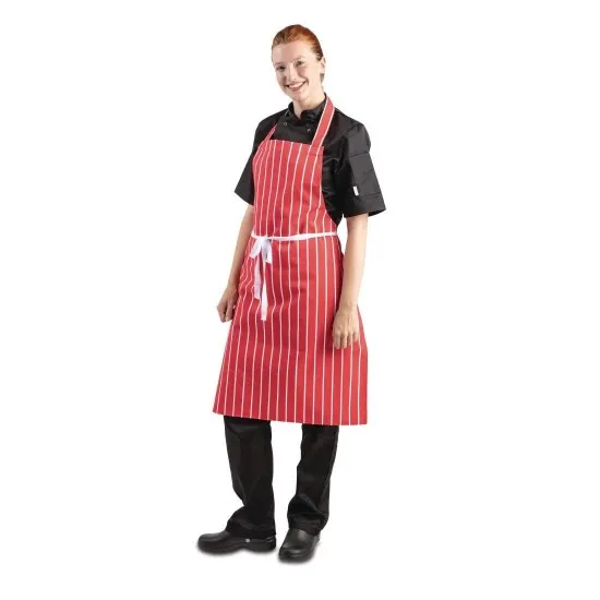 Person Wearing Red & White Stripe Bib Apron