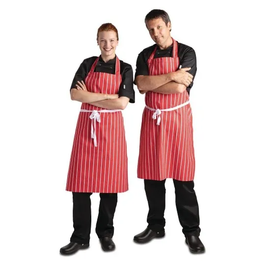 Person Wearing Red & White Stripe Bib Apron