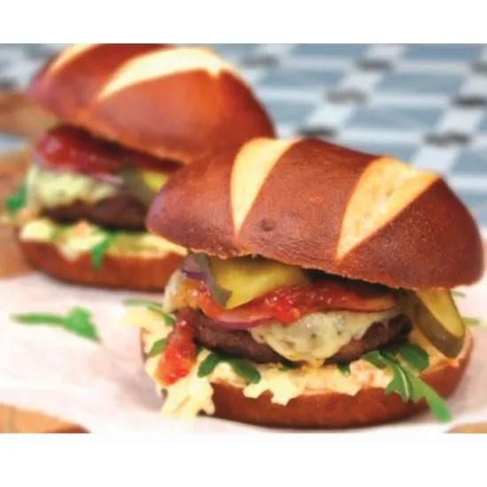 Image of two filled Pretzels burger Buns