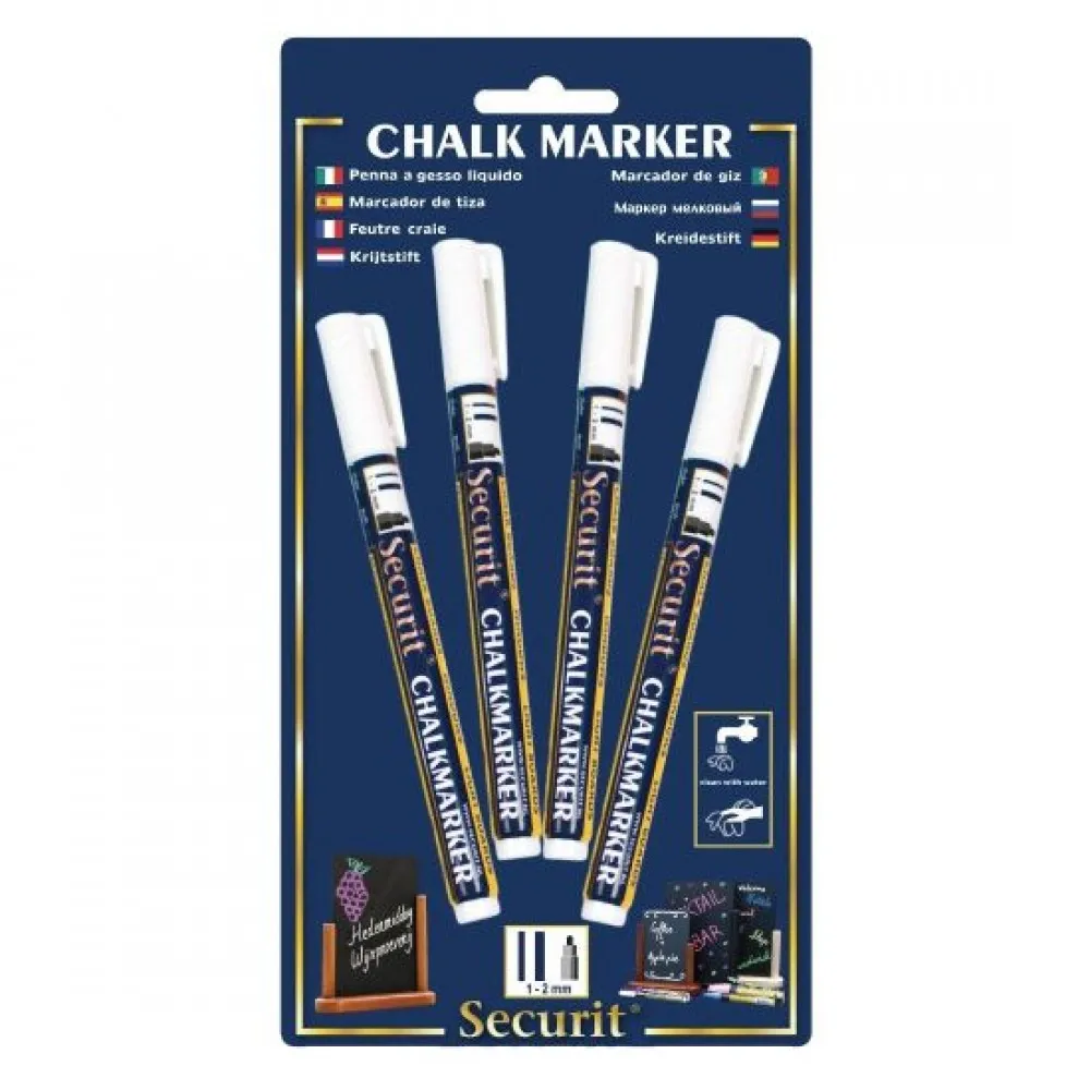 Securit White Markers - 1-2mm Nib (pk 4)